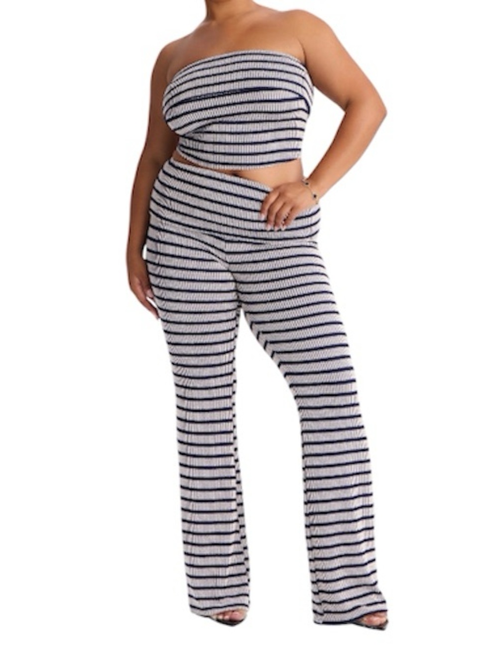 Striped Two-Piece Tube Top & Wide Leg Pants Set - Navy & Grey